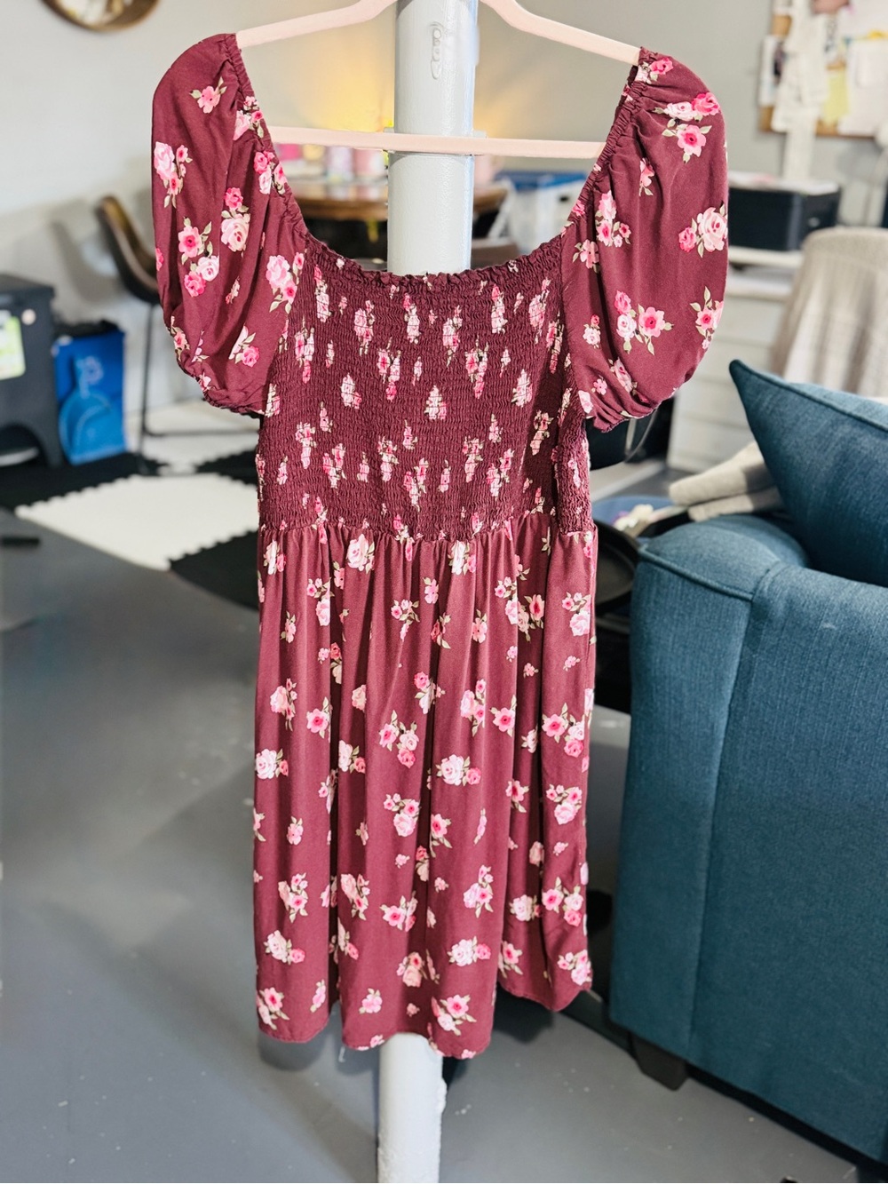 Lily Morgan XL Burgundy Flower Smocked Puff Sleeve Mini Dress Tunic Top - Picture 5 of 10